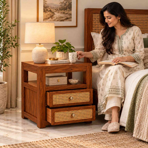 Canejoy Solid Sheesham Wood Bedside Table With 2 Drawers (Natural Finish)