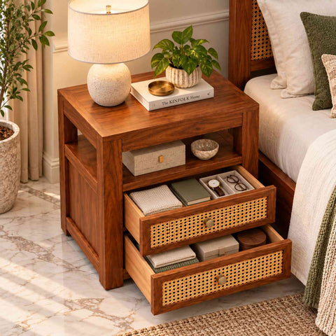 Canejoy Solid Sheesham Wood Bedside Table With 2 Drawers (Natural Finish)