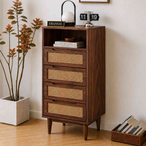 Canejoy Solid Sheesham Wood Chest of Drawers With Open Shelf (Walnut Finish)