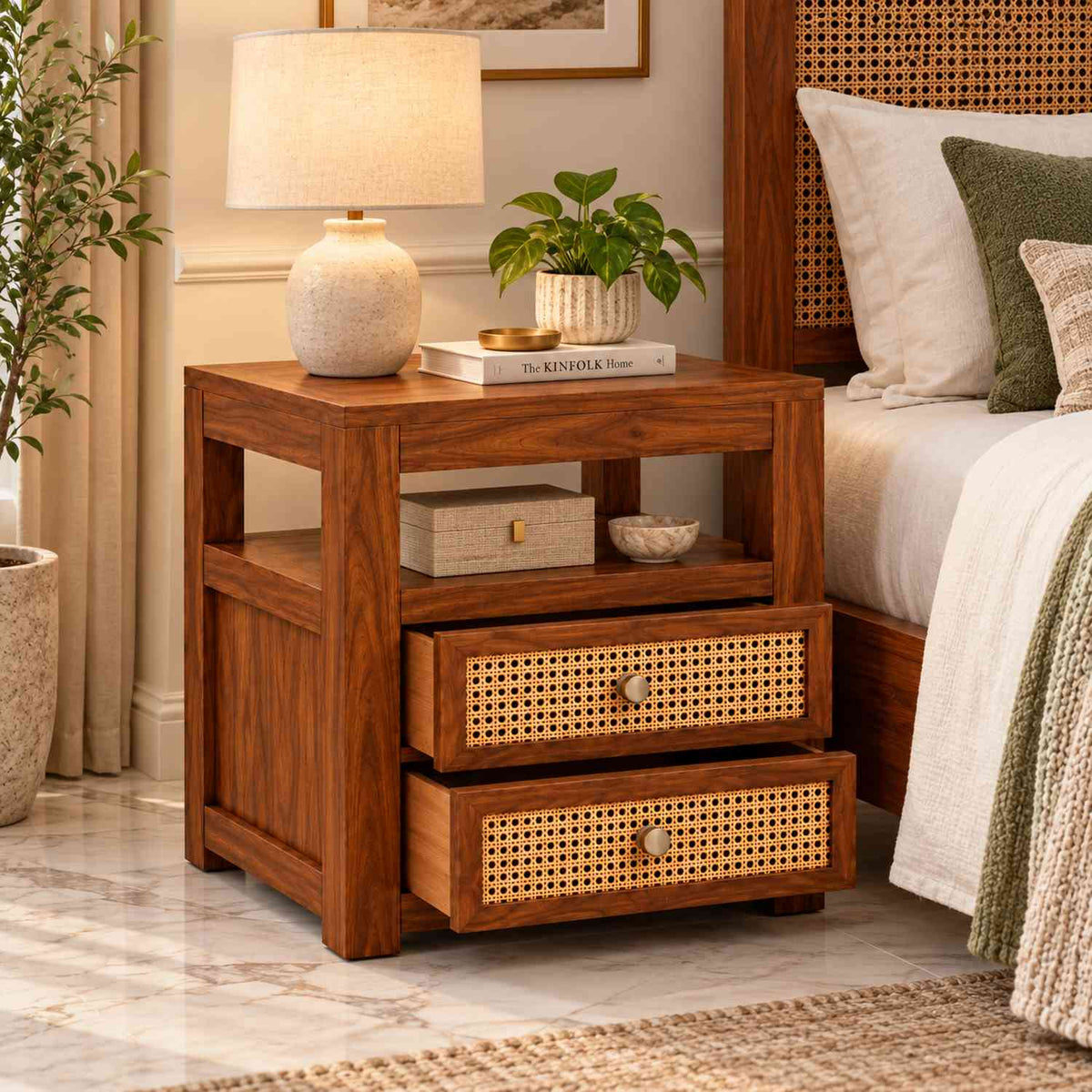 Canejoy Solid Sheesham Wood Bedside Table With 2 Drawers (Natural Finish)