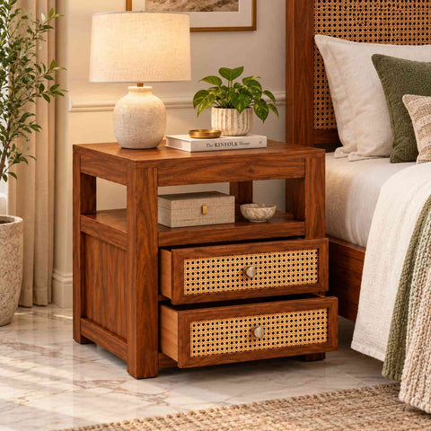 Canejoy Solid Sheesham Wood Bedside Table With 2 Drawers (Natural Finish)