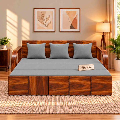Mobell Solid Sheesham Wood 3 Seater Sofa Cum Bed (Natural Finish, Light Grey)