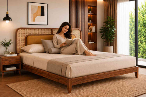 Canejoy Solid Sheesham Wood Bed Without Storage With Cushion (Queen Size, Natural Finish)