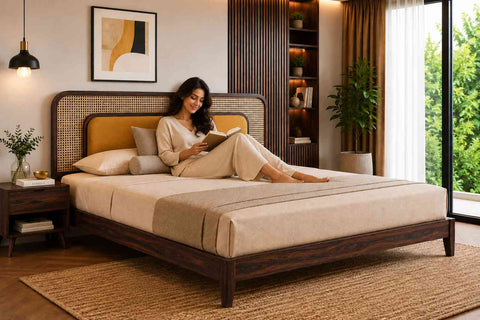 Canejoy Solid Sheesham Wood Bed Without Storage With Cushion (King Size, Walnut Finish)