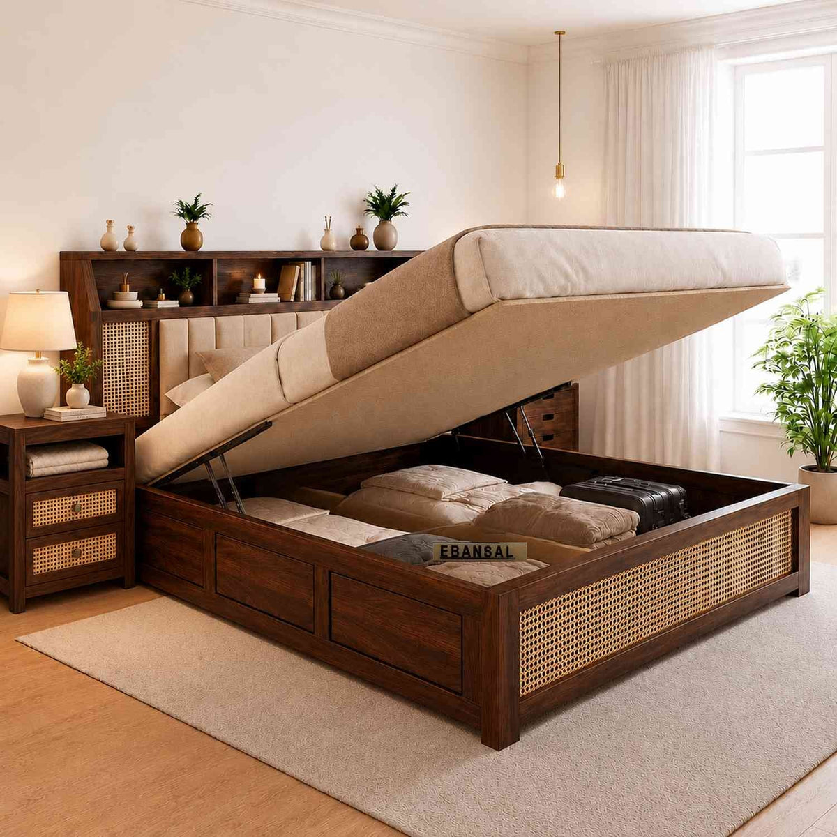 Canejoy Solid Sheesham Wood Hydraulic Bed With Box Storage (King Size, Walnut Finish, Design 4)