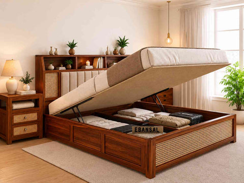 Canejoy Solid Sheesham Wood Hydraulic Bed With Box Storage (Queen Size, Natural Finish, Design 4)