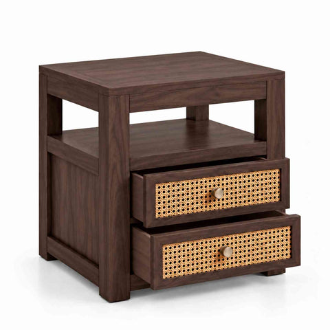 Canejoy Solid Sheesham Wood Bedside Table With 2 Drawers (Walnut Finish)