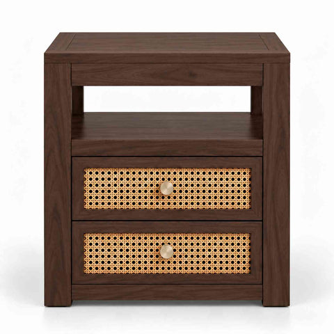 Canejoy Solid Sheesham Wood Bedside Table With 2 Drawers (Walnut Finish)