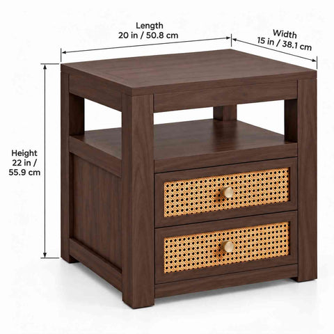 Canejoy Solid Sheesham Wood Bedside Table With 2 Drawers (Walnut Finish)