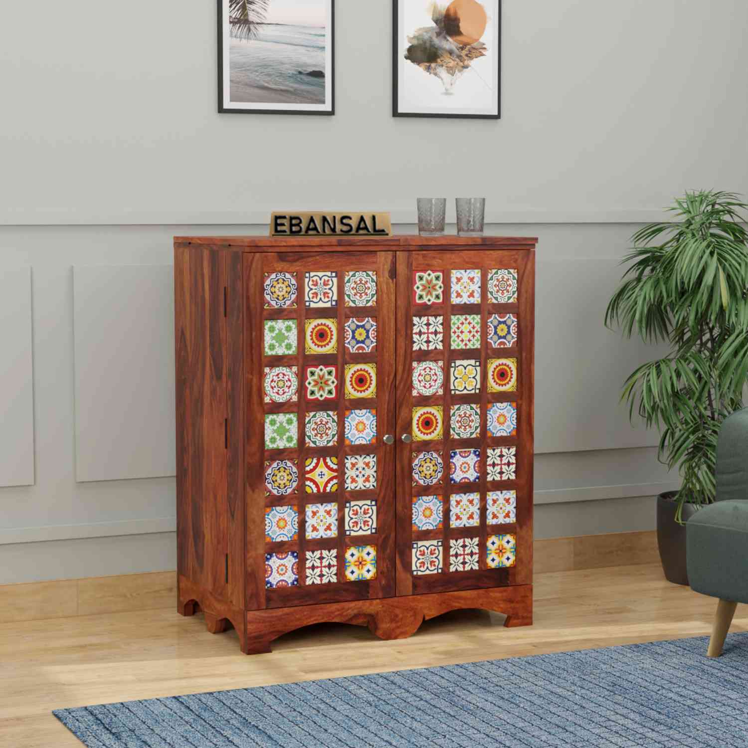 Dotwork Solid Sheesham Wood Bar Cabinet (Natural Finish)