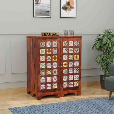 Dotwork Solid Sheesham Wood Bar Cabinet (Natural Finish)