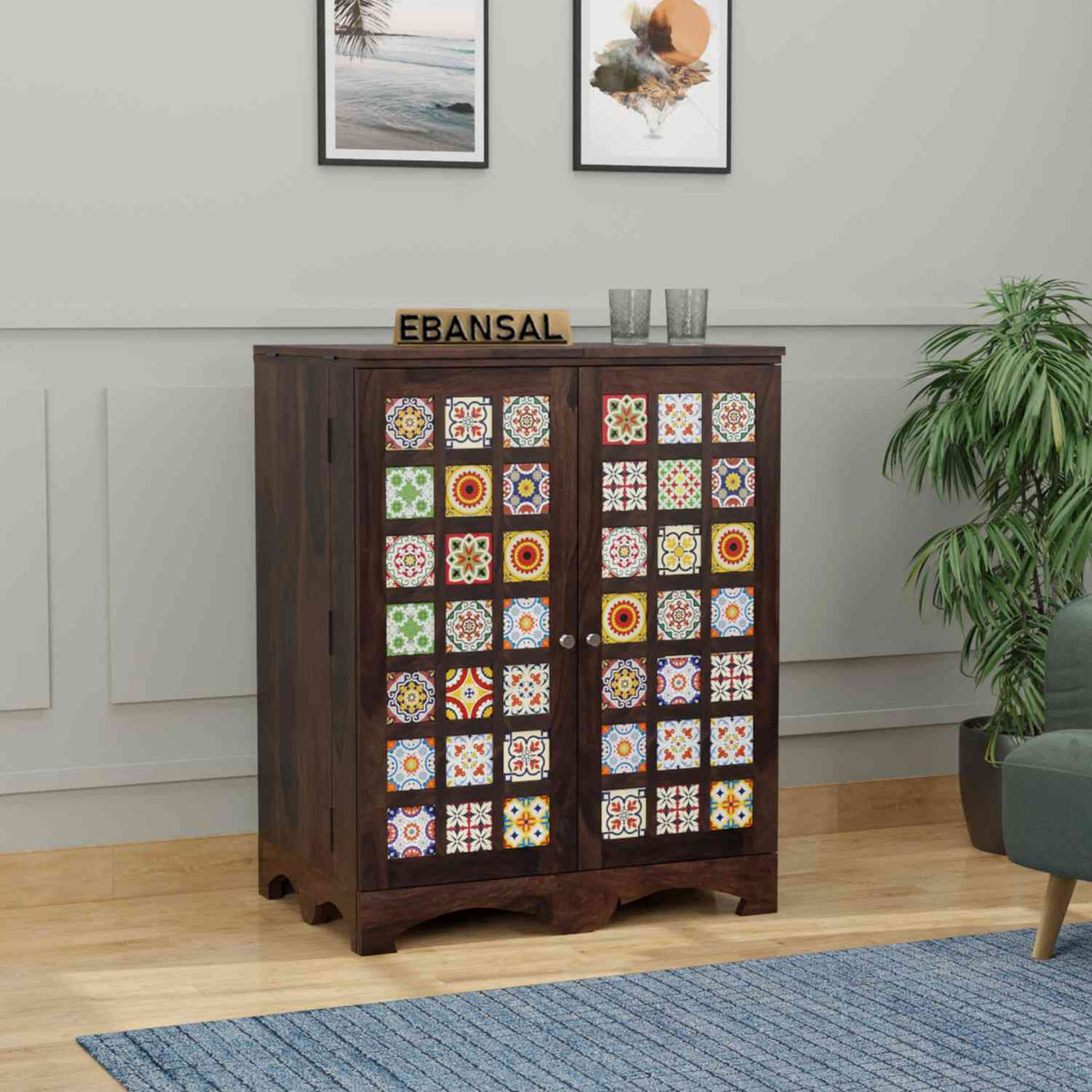 Dotwork Solid Sheesham Wood Bar Cabinet (Walnut Finish)