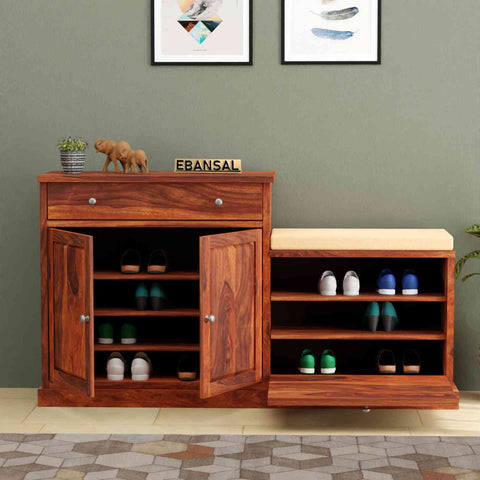 Dotwork Solid Sheesham Wood Shoe Rack With Cushioned Seat (Natural Finish)