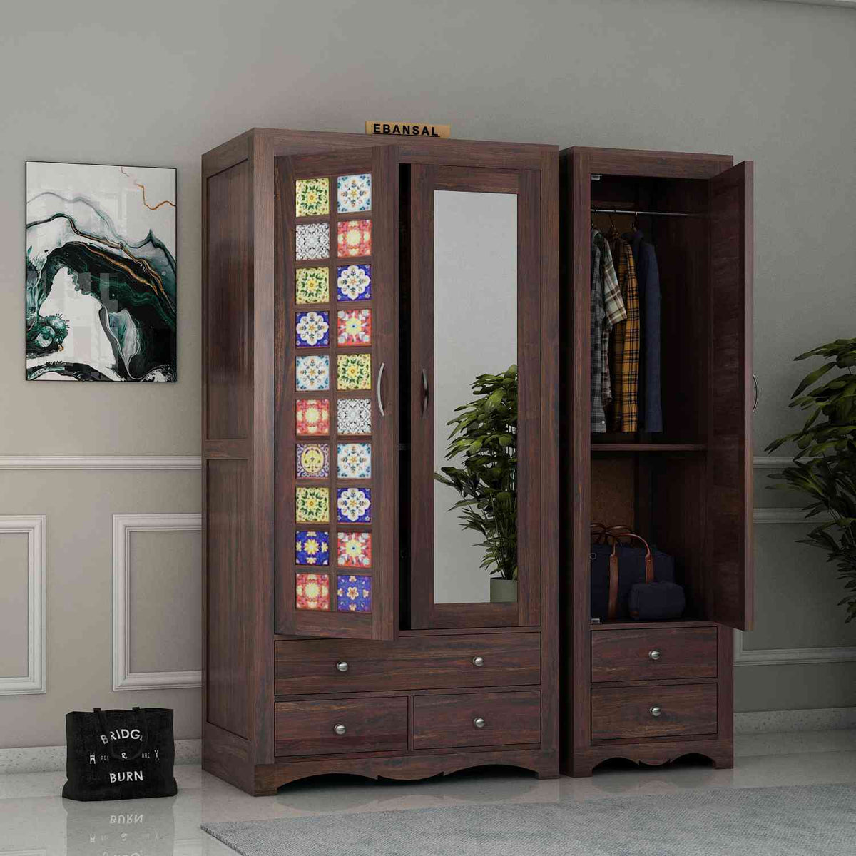 Dotwork Solid Sheesham Wood Wardrobe Set (With Mirror, Walnut Finish)