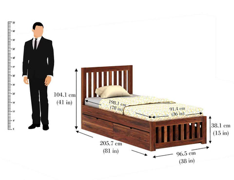 Maurice Solid Sheesham Wood Single Bed With 2 Drawers (Natural Finish)