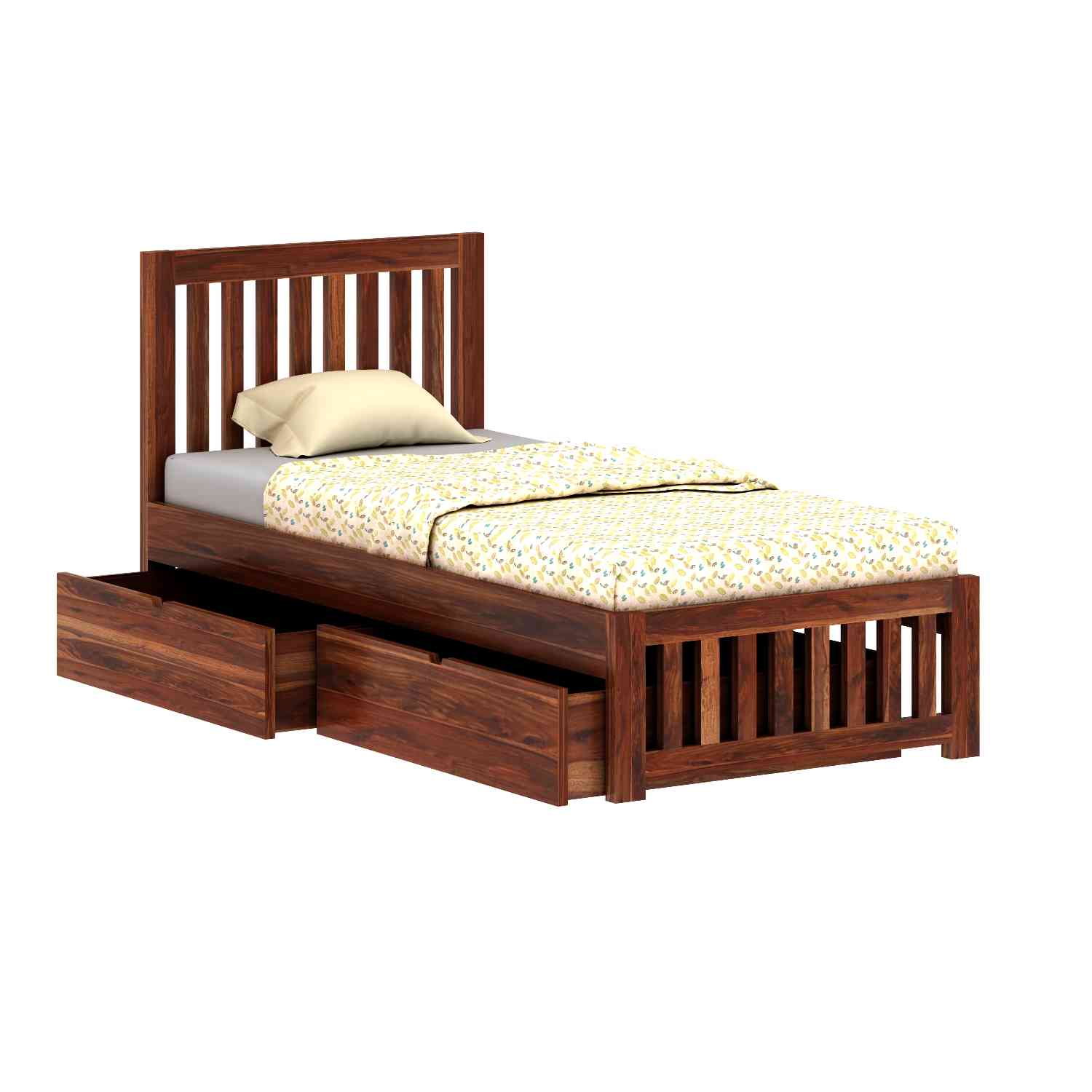 Fusta Solid Sheesham Wood Single Bed With Two Drawers (Natural Finish)