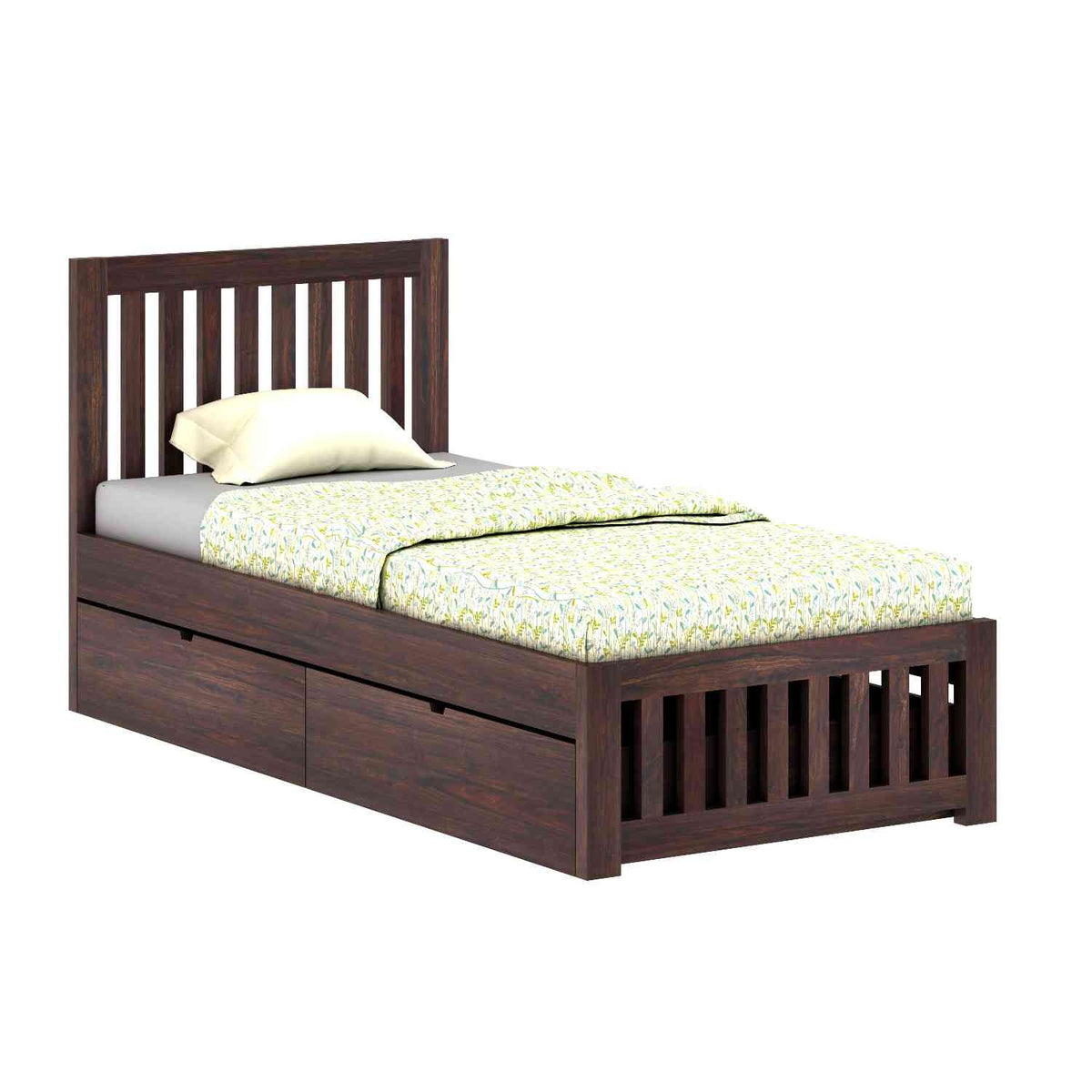 Maurice Solid Sheesham Wood Single Bed With 2 Drawers (Walnut Finish)