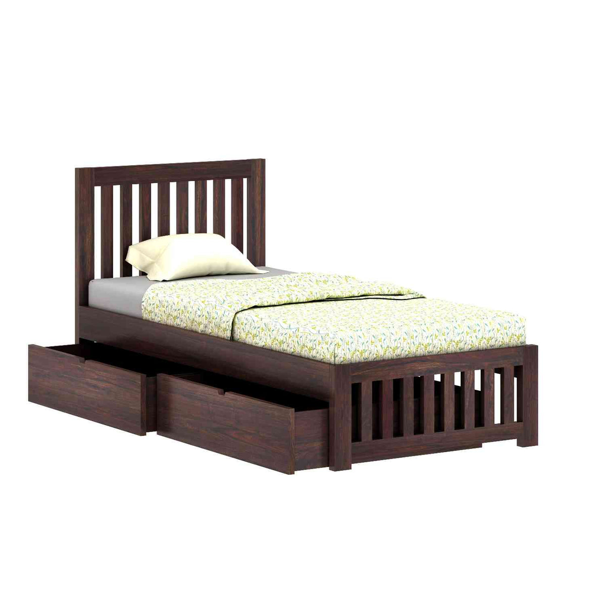 Maurice Solid Sheesham Wood Single Bed With 2 Drawers (Walnut Finish)