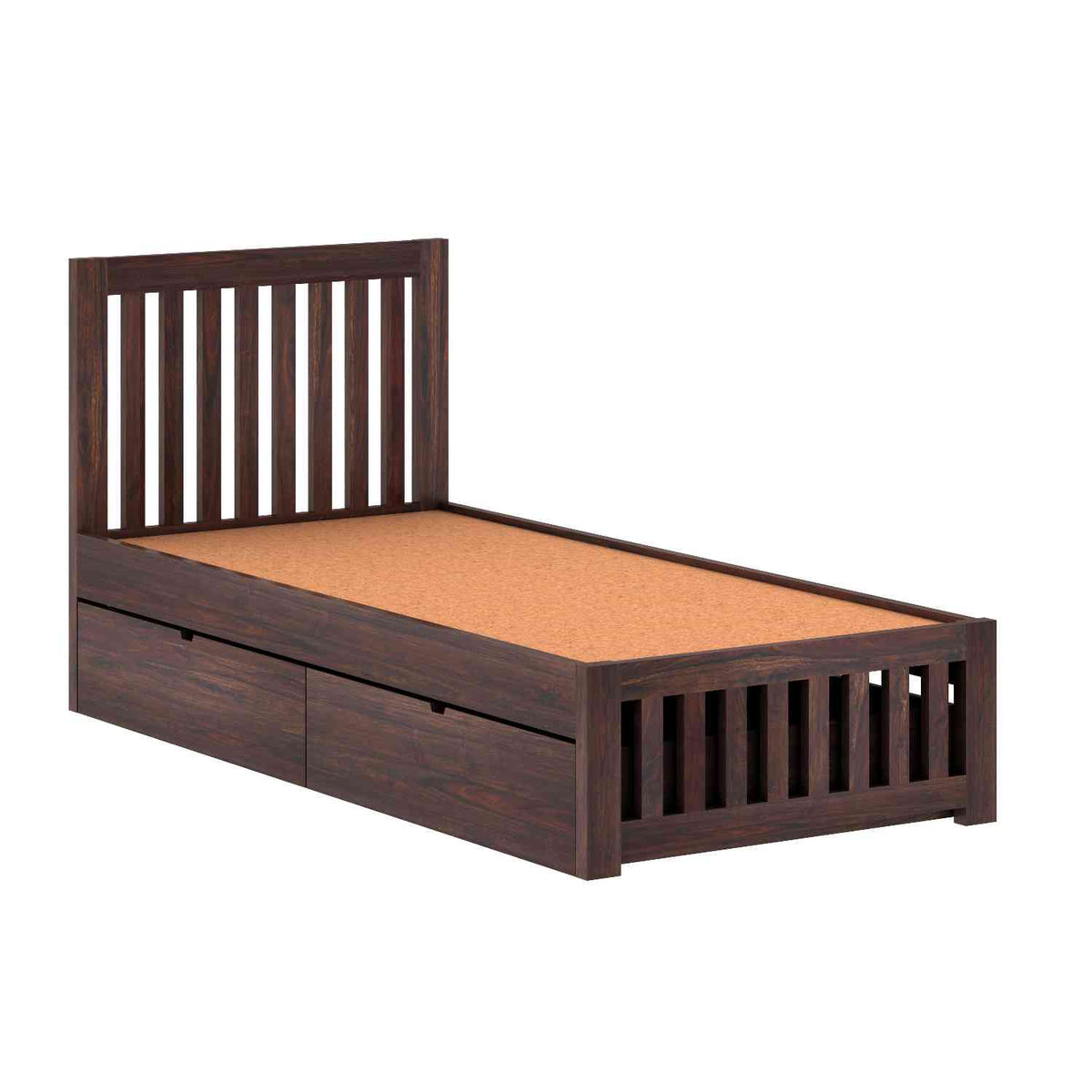 Maurice Solid Sheesham Wood Single Bed With 2 Drawers (Walnut Finish)