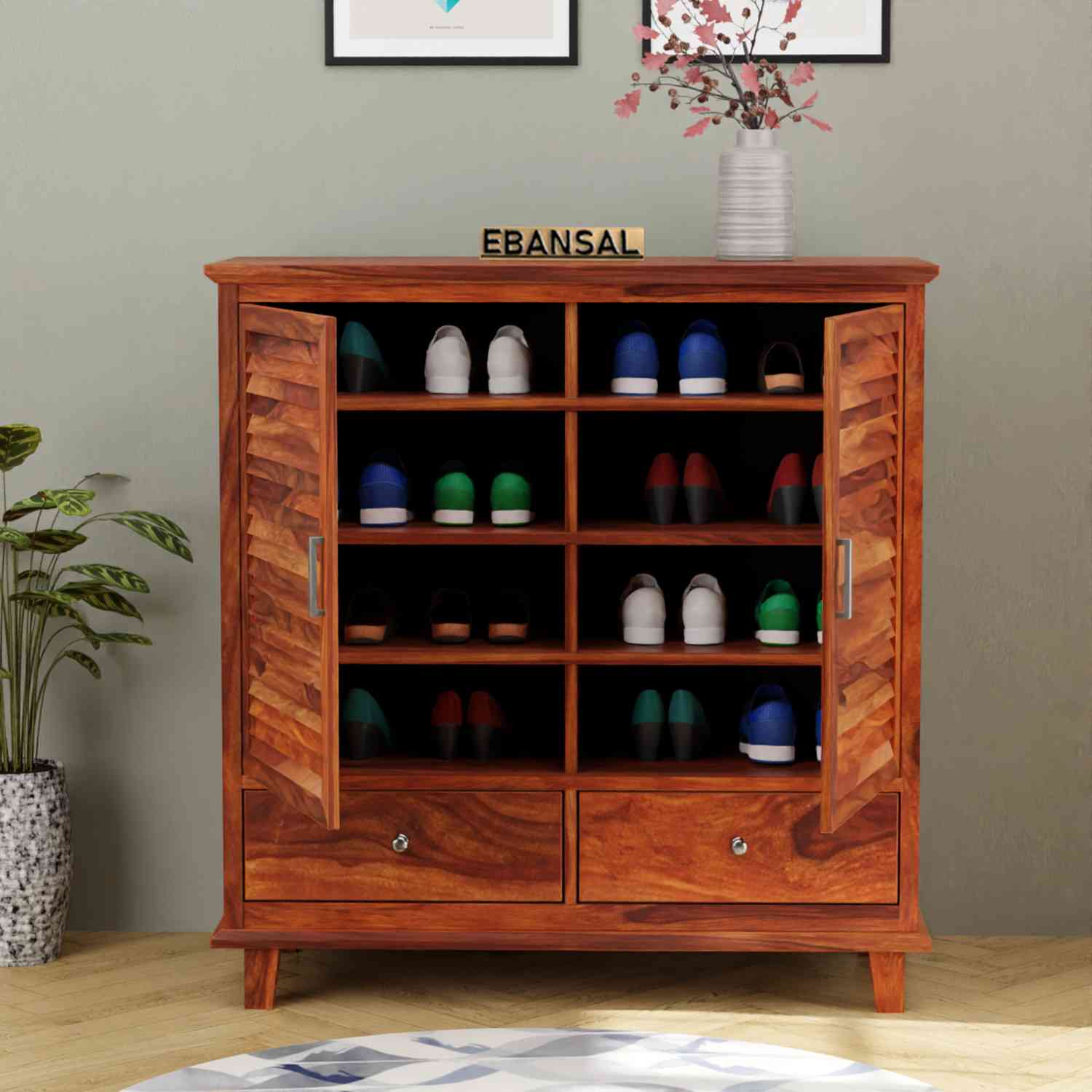 Due Solid Sheesham Wood Shoe Rack (Natural Finish)