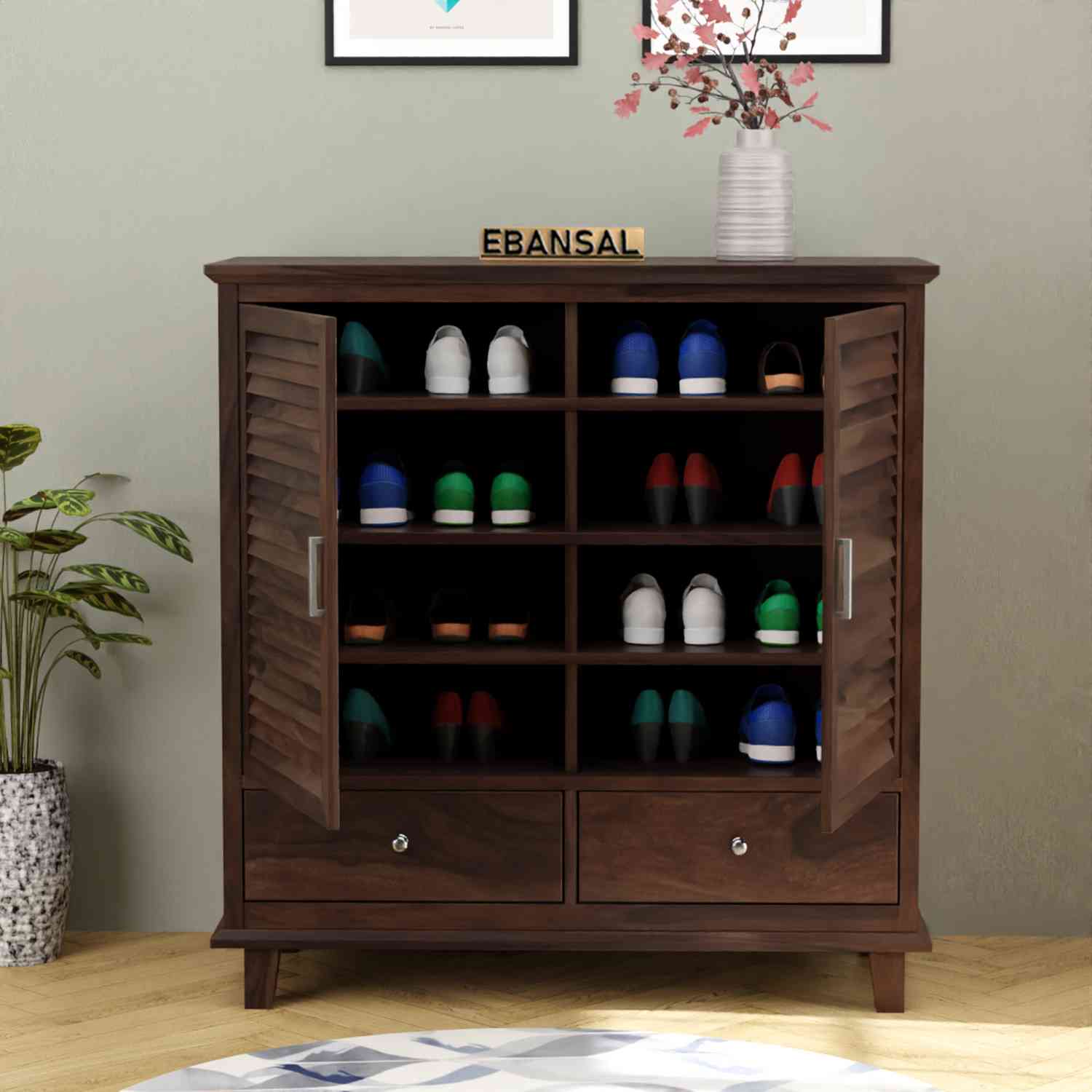 Due Solid Sheesham Wood Shoe Rack (Walnut Finish)