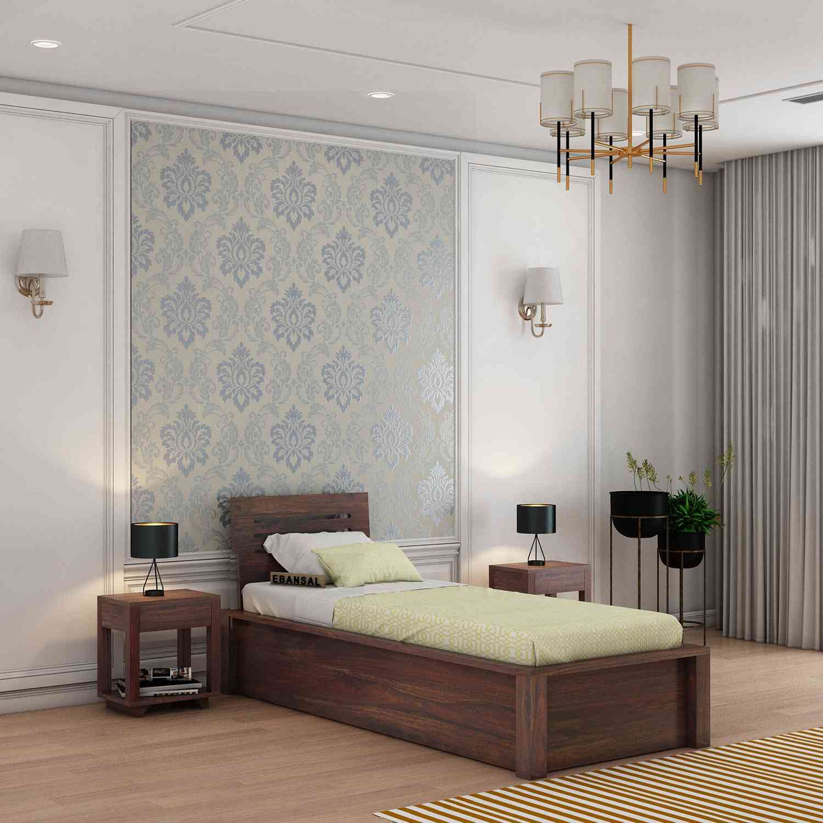 Due Solid Sheesham Wood Single Bed With Box Storage (Walnut Finish)