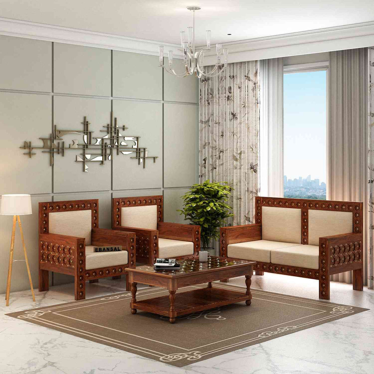 Maharana Solid Sheesham Wood 4 Seater Sofa Set (2+1+1, Natural Finish)
