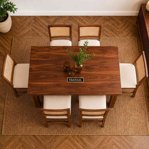 Canejoy Solid Sheesham Wood 6 Seater Dining Set (Natural Finish, With Cushion)