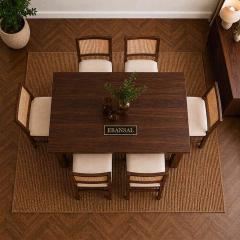 Canejoy Solid Sheesham Wood 6 Seater Dining Set (Walnut Finish, With Cushion)