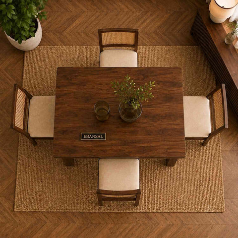 Canejoy Solid Sheesham Wood 4 Seater Dining Set (Walnut Finish, With Cushion)
