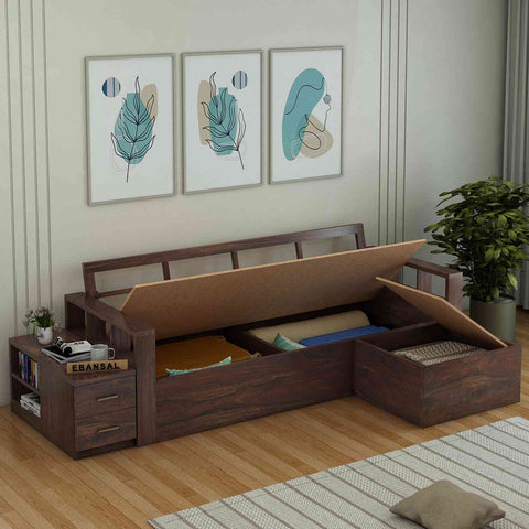 Feelinn Solid Sheesham Wood 3 Seater L Shape Sofa With Storage (Walnut Finish)
