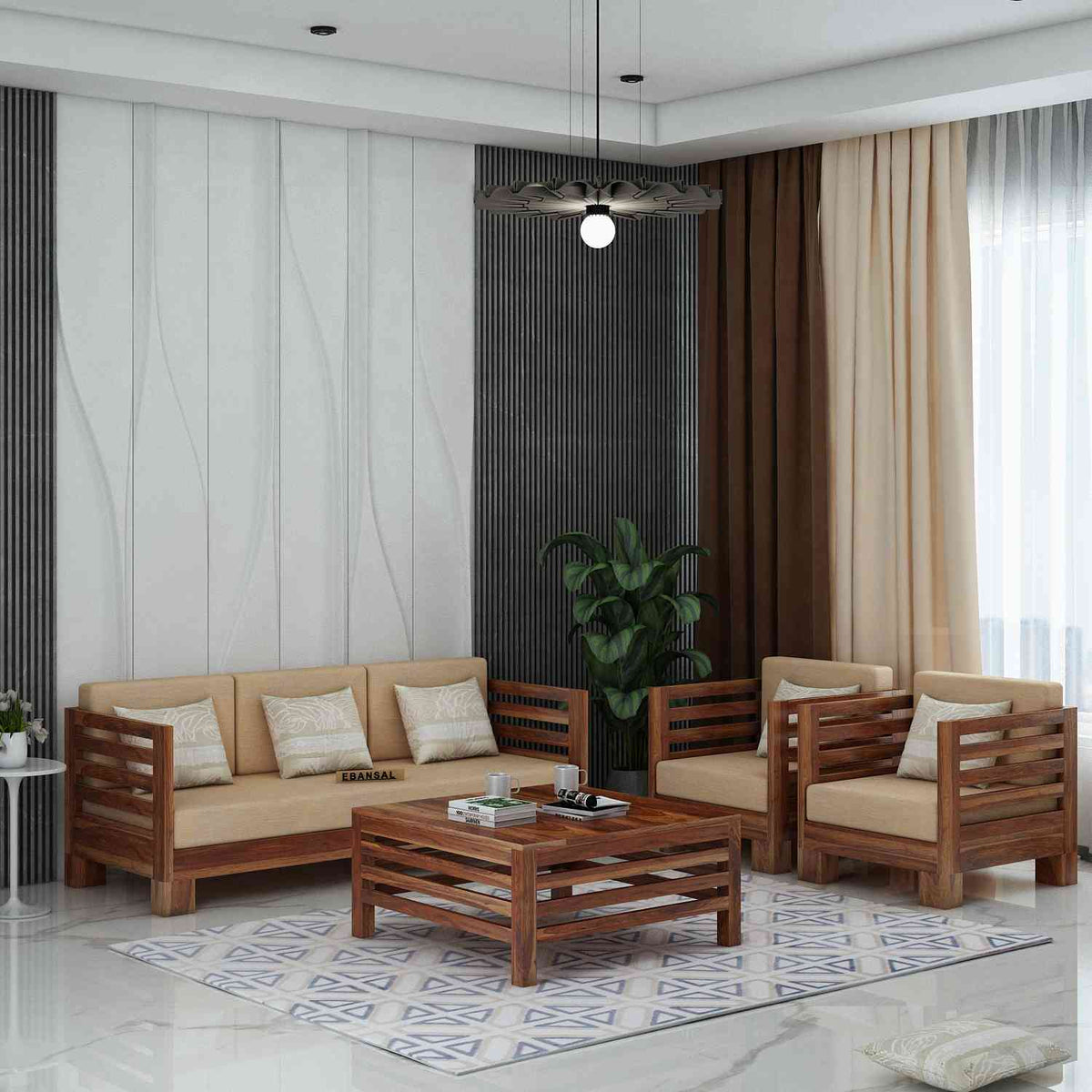 Lumin Solid Sheesham Wood 5 Seater Sofa Set (3+1+1, Natural Finish)