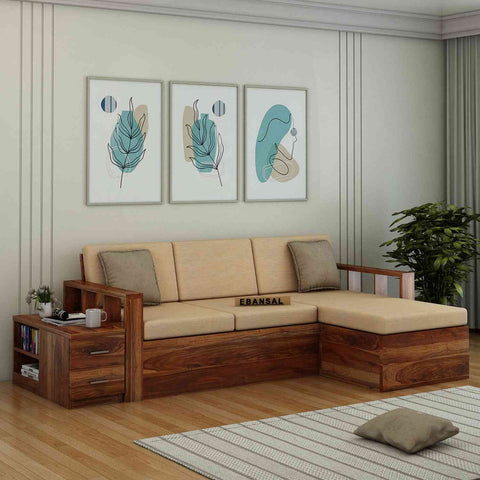 Feelinn Solid Sheesham Wood 3 Seater L Shape Sofa With Storage (Natural Finish)