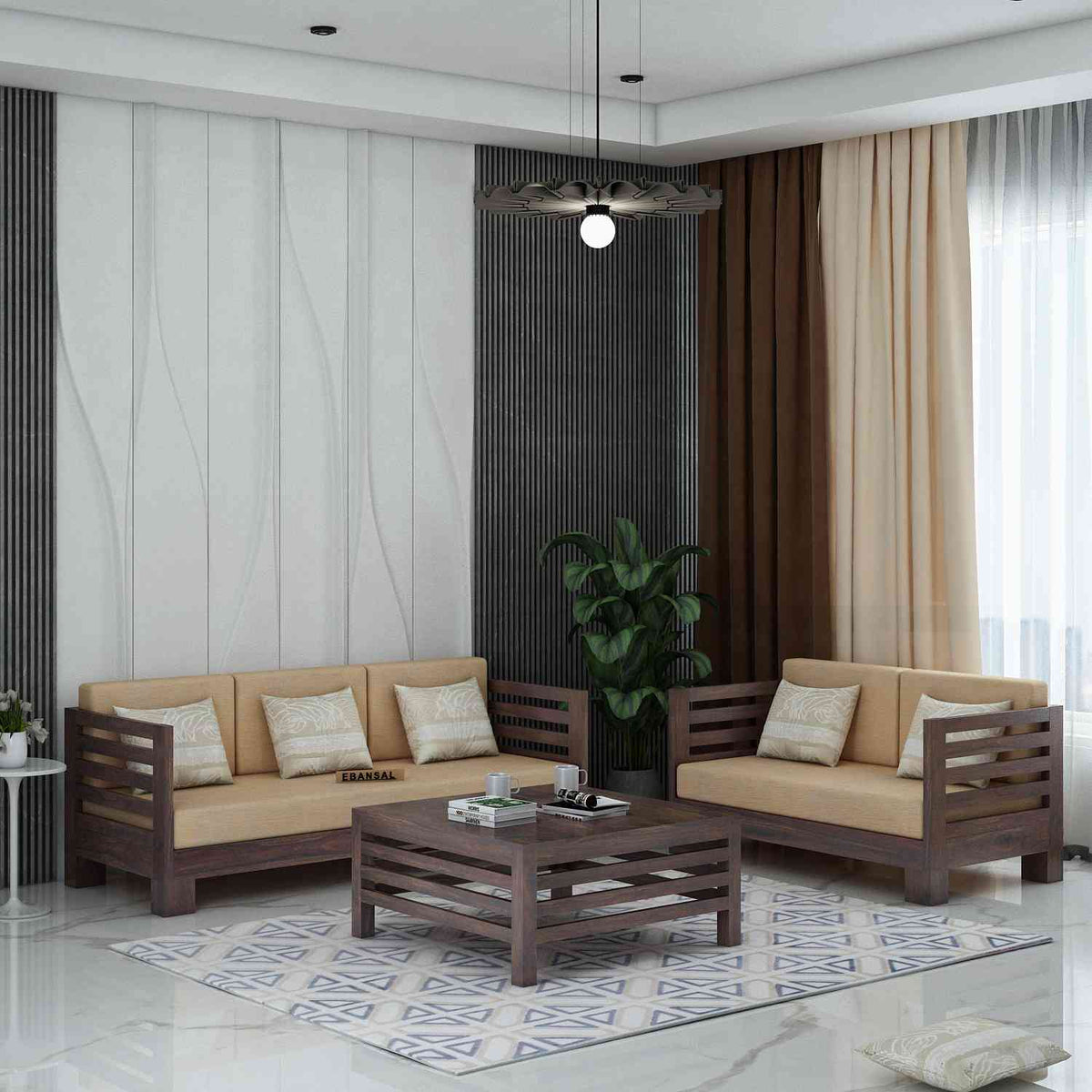 Lumin Solid Sheesham Wood 5 Seater Sofa Set With Coffee Table (3+2, Walnut Finish)