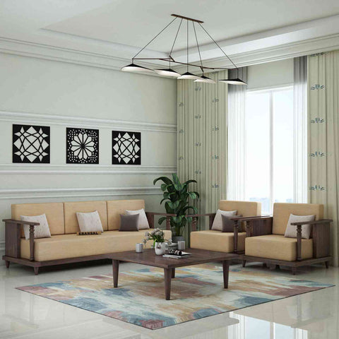 Ajmer Solid Sheesham Wood 5 Seater Sofa Set (3+1+1, Walnut Finish)