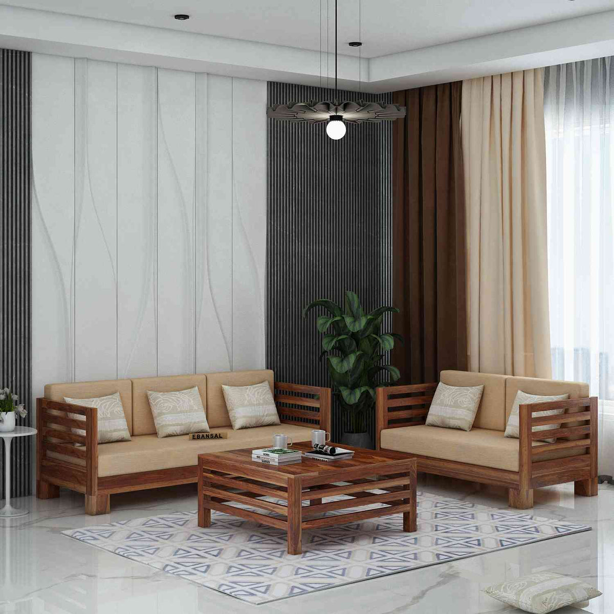 Lumin Solid Sheesham Wood 5 Seater Sofa Set (3+2, Natural Finish)