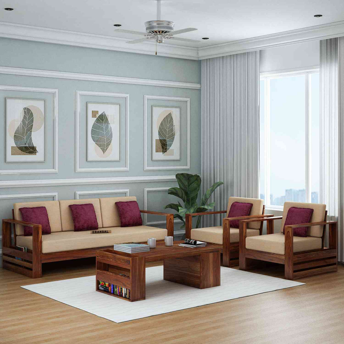 Maria Solid Sheesham Wood 5 Seater Sofa Set (3+1+1, Natural Finish)