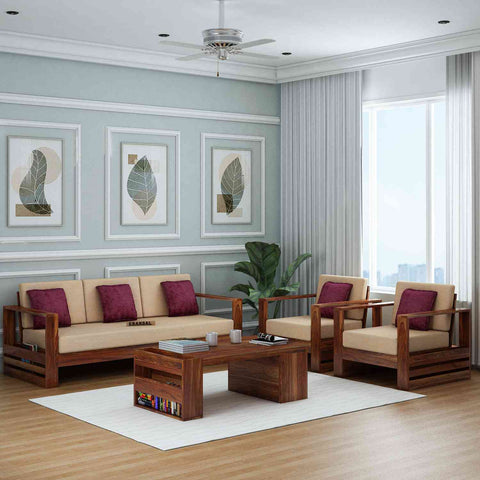 Maria Solid Sheesham Wood 5 Seater Sofa Set (3+1+1, Natural Finish)