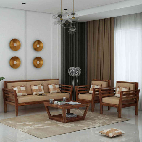 Fusta Solid Sheesham Wood 5 Seater Sofa Set With Coffee Table (3+1+1, Natural Finish)