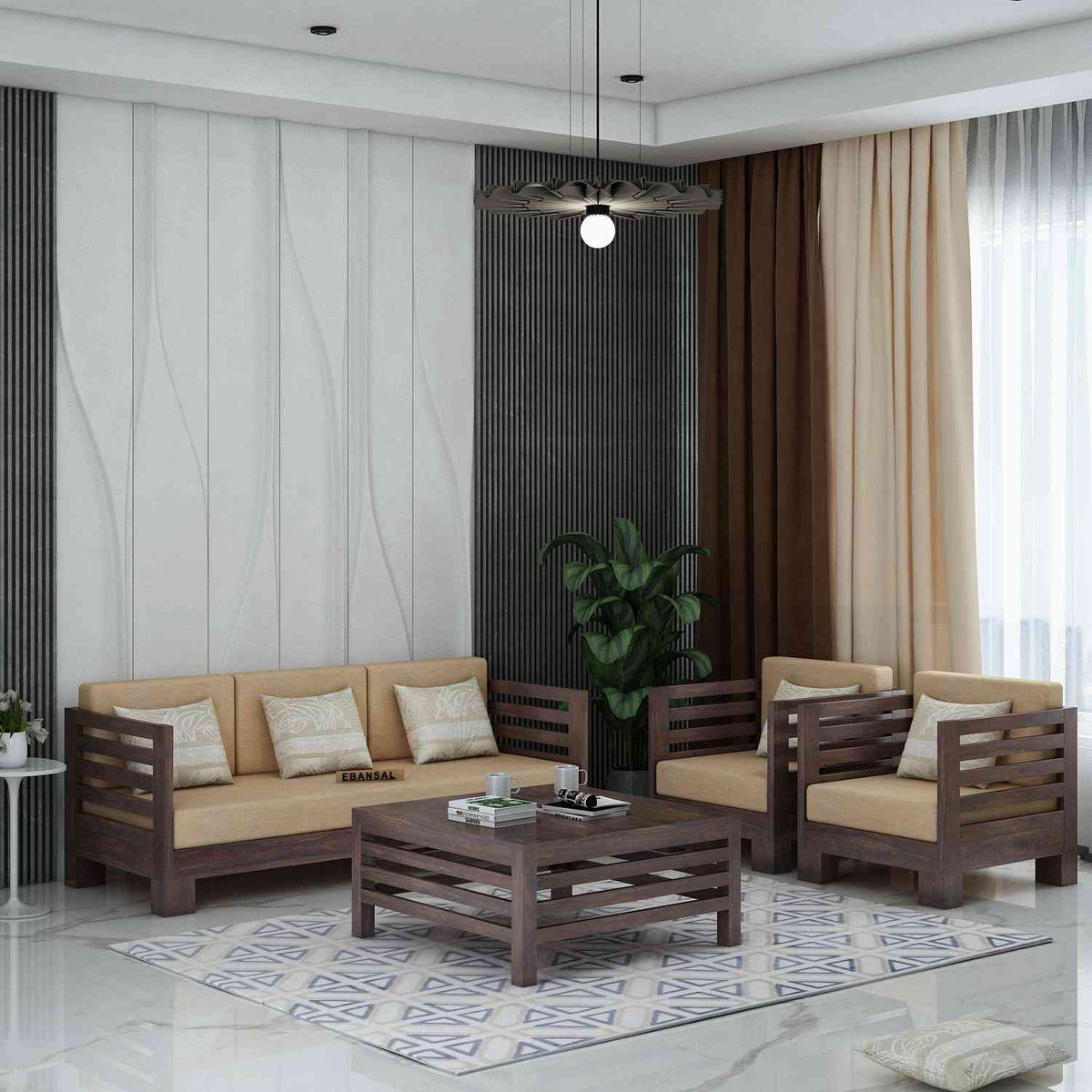 Lumin Solid Sheesham Wood 5 Seater Sofa Set With Coffee Table (3+1+1, Walnut Finish)
