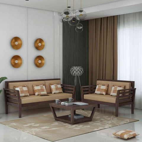 Fusta Solid Sheesham Wood 5 Seater Sofa Set With Coffee Table (3+2, Walnut Finish)