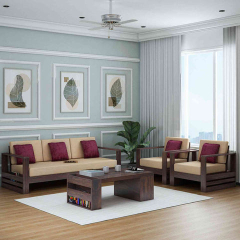 Maria Solid Sheesham Wood 5 Seater Sofa Set (3+1+1, Walnut Finish)