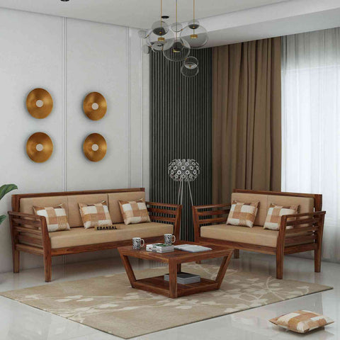 Fusta Solid Sheesham Wood 5 Seater Sofa Set With Coffee Table (3+2, Natural Finish)