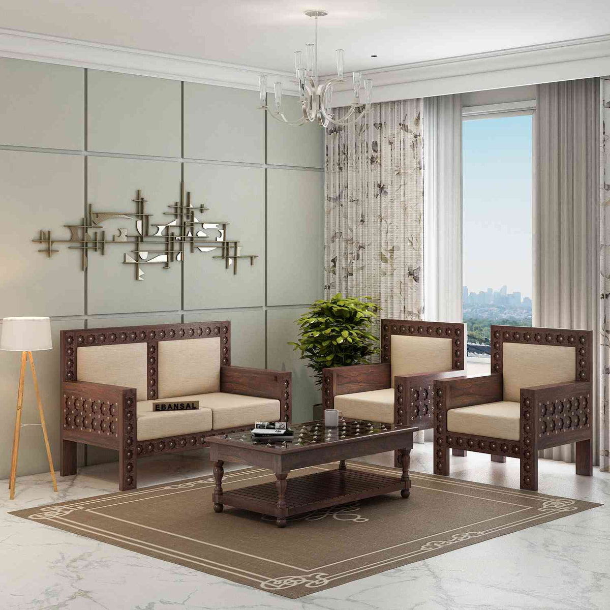 Maharana Solid Sheesham Wood 4 Seater Sofa Set (2+1+1, Walnut Finish)