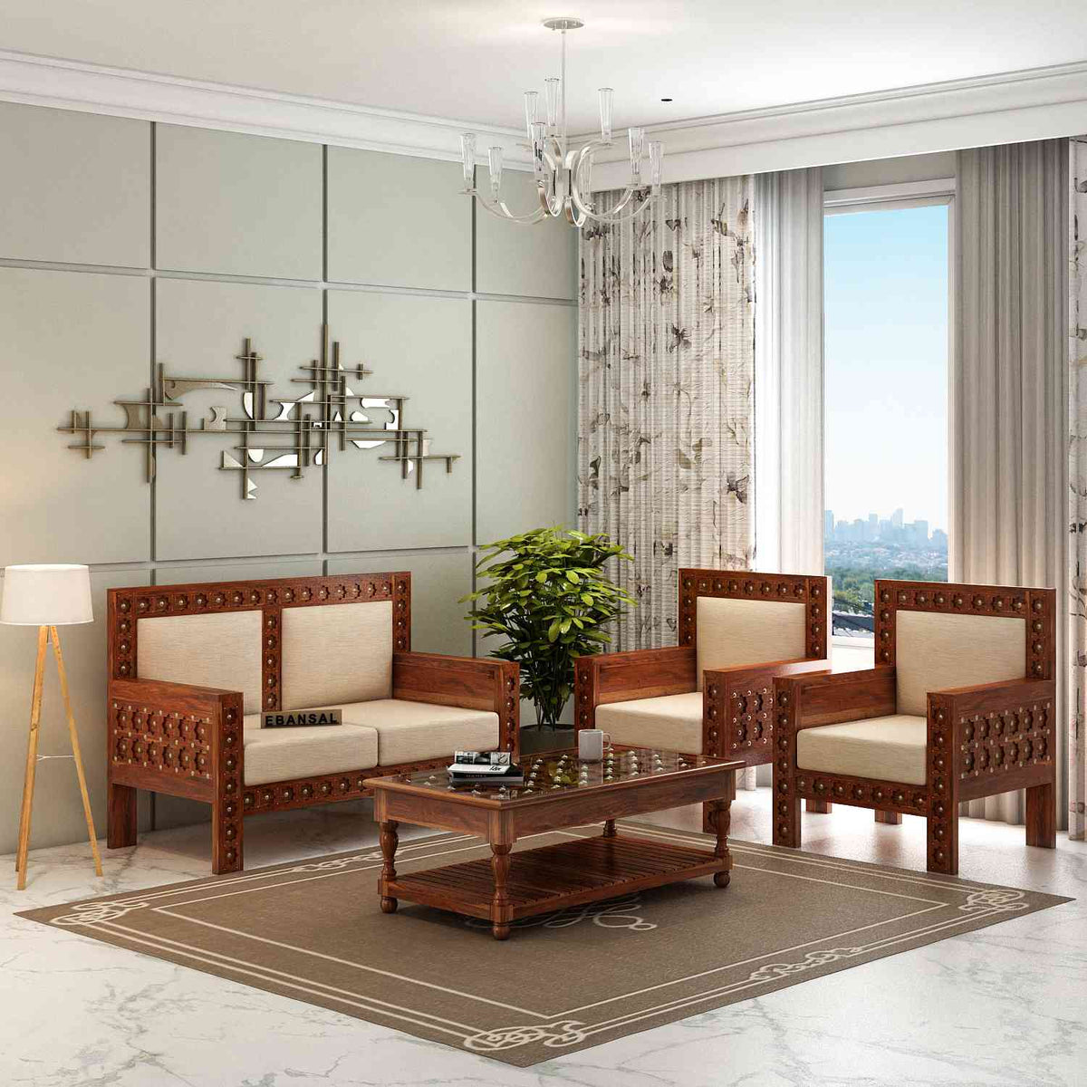 Maharana Solid Sheesham Wood 4 Seater Sofa Set (2+1+1, Natural Finish)