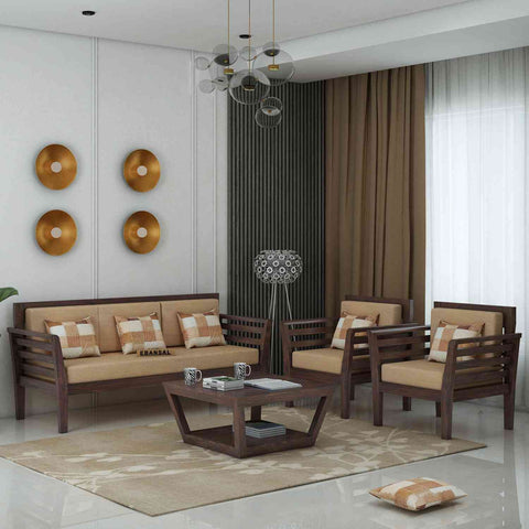 Fusta Solid Sheesham Wood 5 Seater Sofa Set With Coffee Table (3+1+1, Walnut Finish)