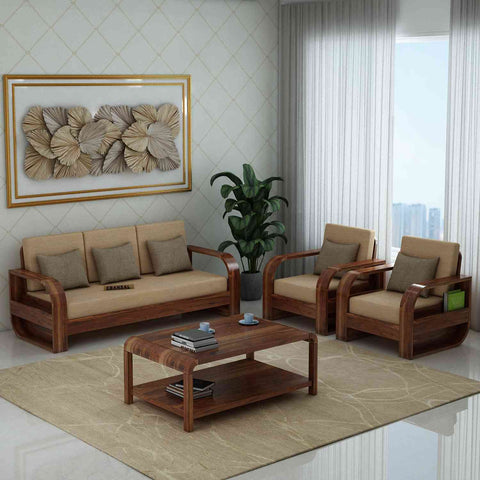 Denzaderb Solid Sheesham Wood 5 Seater Sofa Set With Coffee Table (3+1+1, Natural Finish)