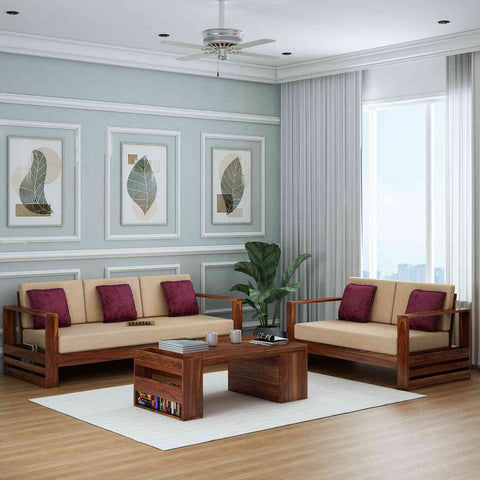 Maria Solid Sheesham Wood 5 Seater Sofa Set (3+2, Natural Finish)