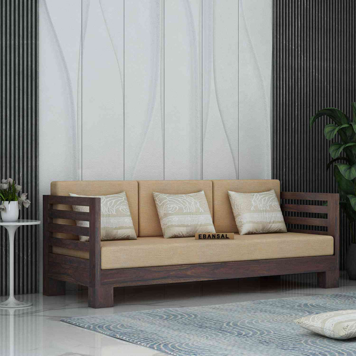 Lumin Solid Sheesham Wood 5 Seater Sofa Set With Coffee Table (3+2, Walnut Finish)