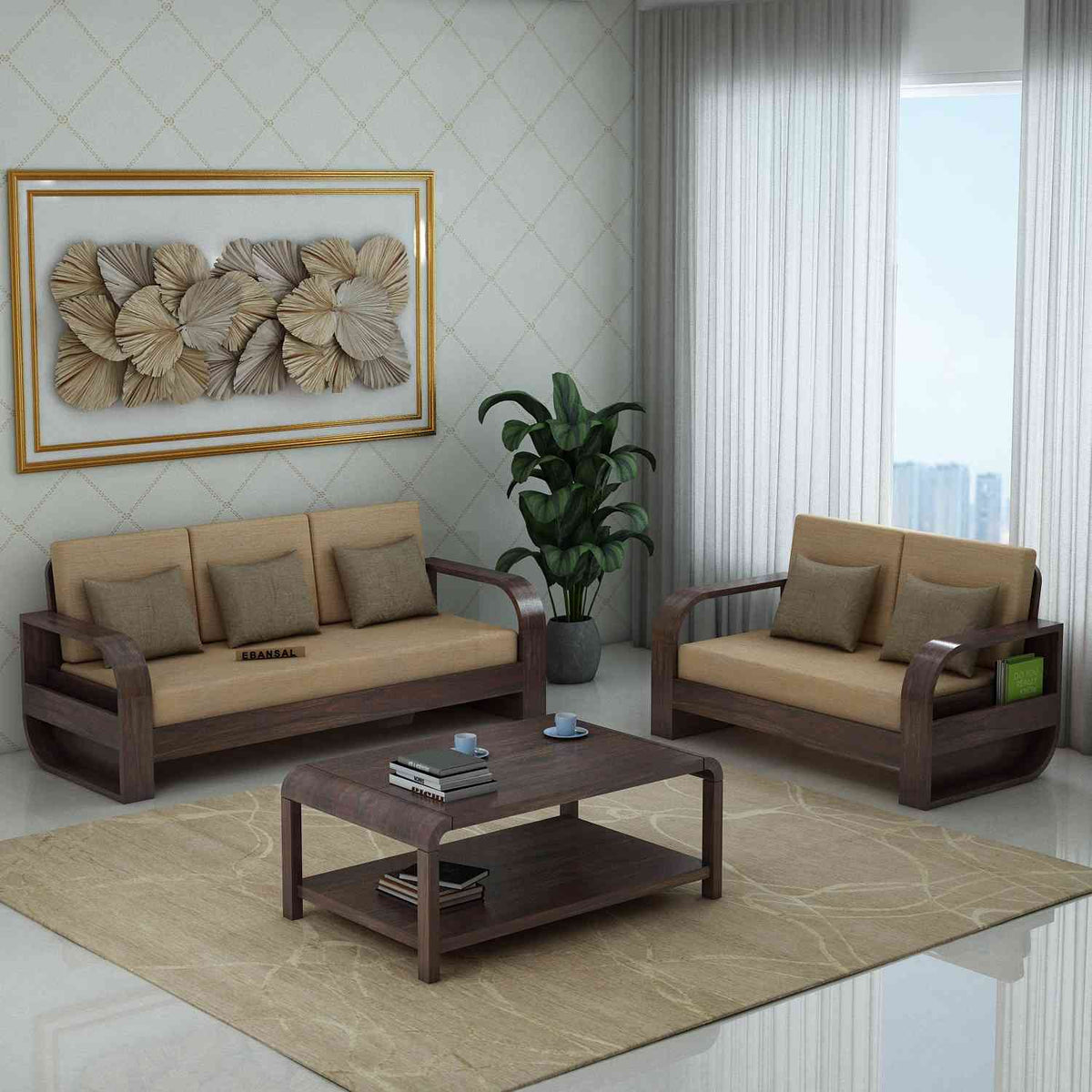 Denzaderb Solid Sheesham Wood 5 Seater Sofa Set With Coffee Table (3+2, Walnut Finish)